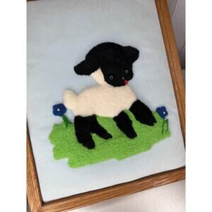 Vintage Fluffy Sheep Lamb Felt Fiber Needle Punch Art Framed 12in X 15in